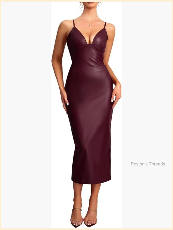 Dresses & Skirts - Sleeveless V-Neck Deep V Tie Back Leather Midi Dress for Party